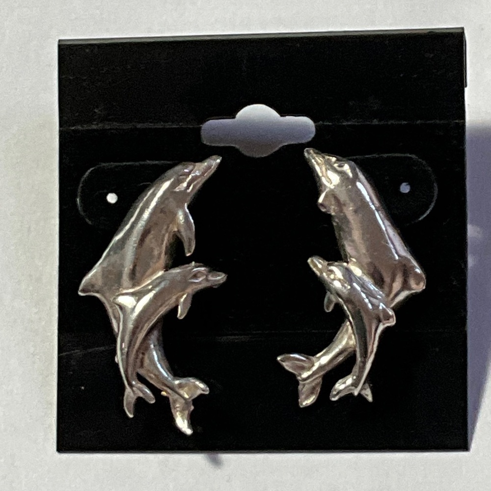 Sterling Silver Cow and Calf Dolphin Large Post  Earrings